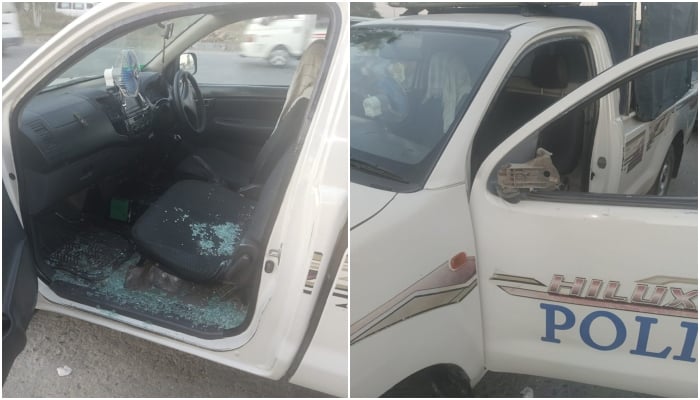 These pictures show the police mobile van damaged in an alleged armed attack at Sangjani Toll Plaza on October 25, 2024. — Reporter