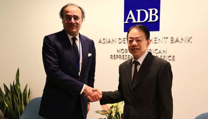 Finance Minister Muhammad Aurnagzeb shakes hands with ADB President Masatsugu Asakawa in this image released on October 26, 2024. — X@Financegovpk