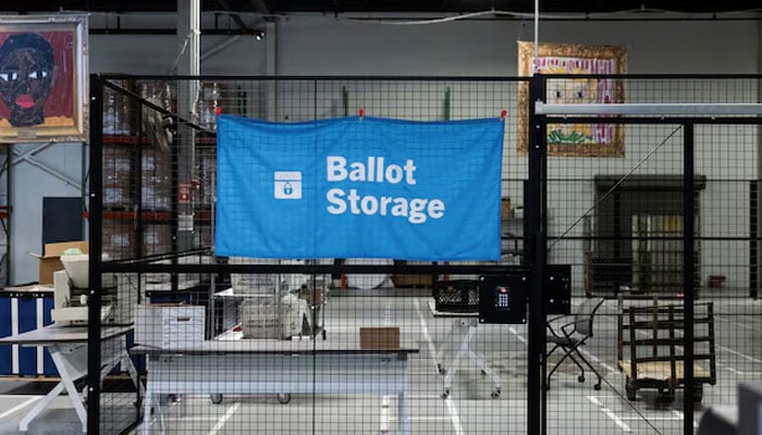 A view of the Secure ballot storage at the ballot counting center in Philadelphia, Pennsylvania, U.S., October 25, 2024. REUTERS