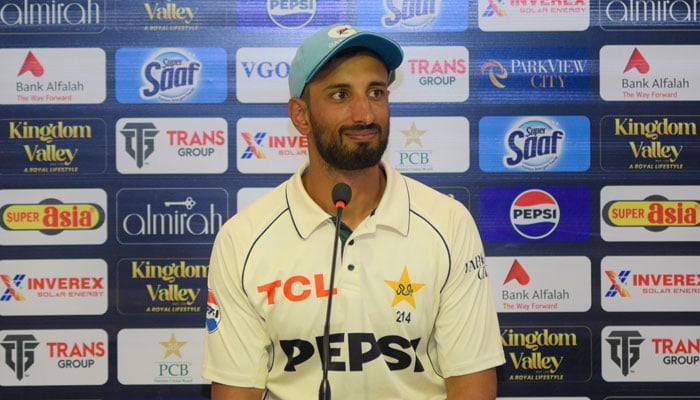 Pakistans skipper Shan Masood speaks at a post-match press conference after winning the Test series against England on October 26, 2024. — PCB