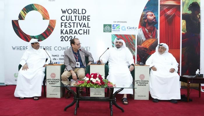 ACP Karachi President Muhammad Ahmed Shah holding talk session with Qatars Consul General Nayef Shahein RM Al-Sulaiti, National Theatre Qatar President Abdulla AlKuwari, and National Theatre instructor Nasser AlHamadi. — ACP