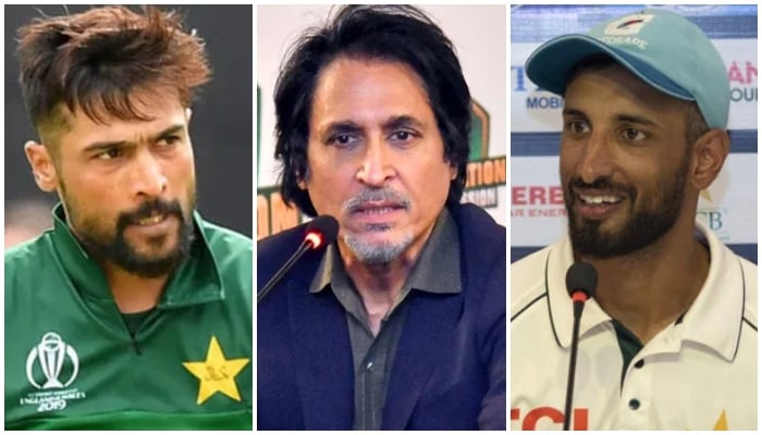 (Left to right) Pacer Mohammad Amir, former Pakistan cricketer Ramiz Raja, and red ball skipper Shan Masood. — X/PPI/PCB/File