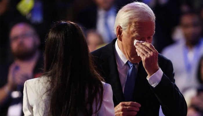 US President Joe Biden wipes away a tear after being introduced by his daughter Ashley during Day one of the Democratic National Convention (DNC) in Chicago, Illinois, US, August 19, 2024. — Reuters