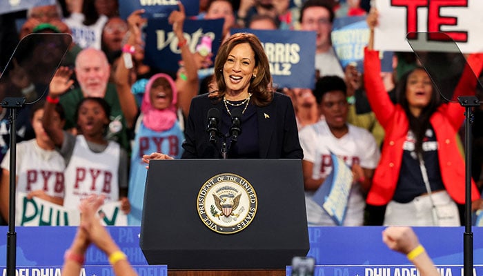 Democratic presidential nominee US Vice President Kamala Harris gives a speech during a campaign rally at The Alan Horwitz Sixth Man Centre, in Philadelphia, Pennsylvania, US October 27, 2024. — Reuters