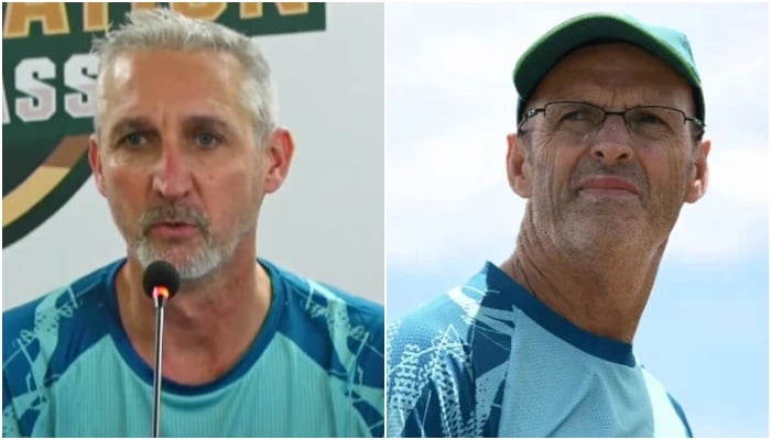 Pakistans red-ball coach Jason Gillespie and former coach Gary Kirsten. — Screengrab via YouTube@pakistancricket/AFP/File