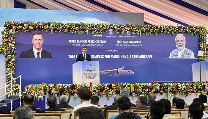 Spanish Prime Minister Pedro Sanchez addresses delegates during the inauguration of a Tata-Airbus Final Assembly Line complex for the manufacturing of Airbus C295 aircraft in Vadodara, India, on October 28, 2024. — Reuters