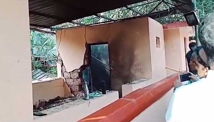 The spot where an explosion occurred in a firework storage facility near Hindu temple at Nileshwaram, in the sourthern Indian state of Kerala can be seen in this still taken from a video. — X/@PTI_News