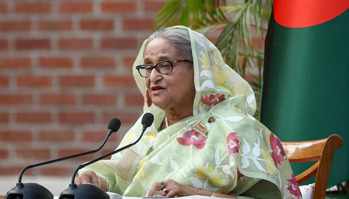 Sheikh Hasina speaks during a meeting with foreign observers and journalists at the Prime Ministers residence in Dhaka, Bangladesh, January 8, 2024. — Reuters