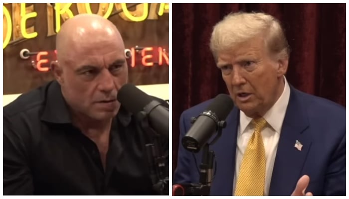 Former United States president and Republican presidential candidate Donald Trump (left) and US comedian Joe Rogan can be seen in this combiantion of stills taken from a video. — YouTube/JRE Clips