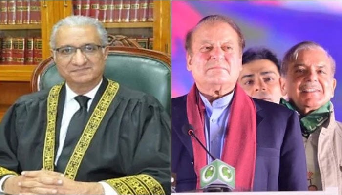 A collage of Justice (R) Ijazul Ahsan and PML-N President Nawaz Sharif, PM Shehbaz Sharif and his son Hamza Shahbazs pictures. — SC website/Reuters/File