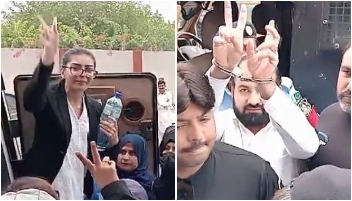 Prominent lawyer and human rights activist Imaan Mazari (left) and her husband Abdul Hadi make victory signs as they arrive at ATC in Islamabad on October 29, 2024. — Reporter