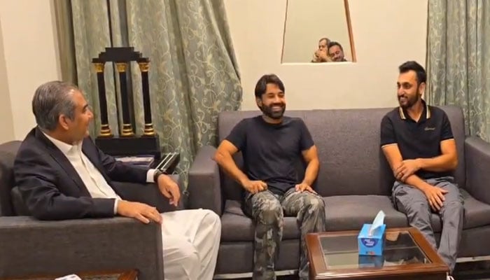 PCB chief Mohsin Naqvi meets white-ball captain Muhammad Rizwan and vice-captain Salman Agha on October 29, 2024. — Screengrab via X/@TheRealPCBMedia