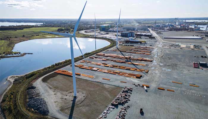 An aerial view of the Port of Odense, Denmark on October 15, 2024. — AFP