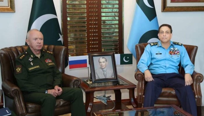 Russias Deputy Defence Minister Colonel General Aleksandr V Fomin (left) meets Chief of the Air Staff Air Chief Marshal Zaheer Ahmed Baber Sidhu at PAF’s Air Headquarters in Islamabad on October 29, 2024. —APP