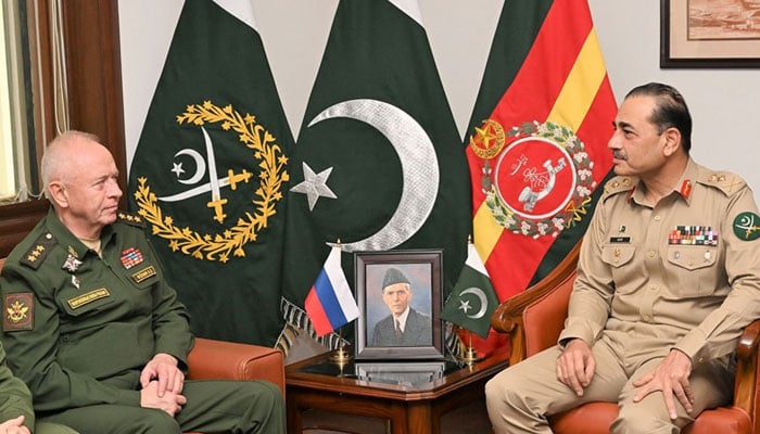 Russias Deputy Defence Minister Colonel General Aleksandr V Fomin (left) calls on Chief of Army Staff (COAS) General Syed Asim Munir at the General Headquarters in Rawalpindi on October 29, 2024. — Facebook/ISPR