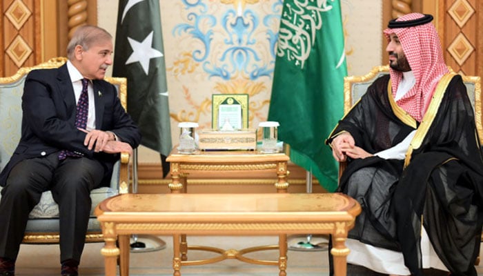 Prime Minister Shehbaz Sharif (left) meets Saudi Arabias Crown Prince Mohammed bin Salman Al-Saud on October 29, 2024. — Radio Pakistan