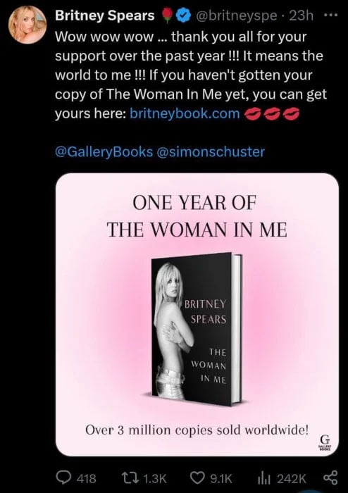 Britney Spears reaches major milestone with memoir The Woman in Me