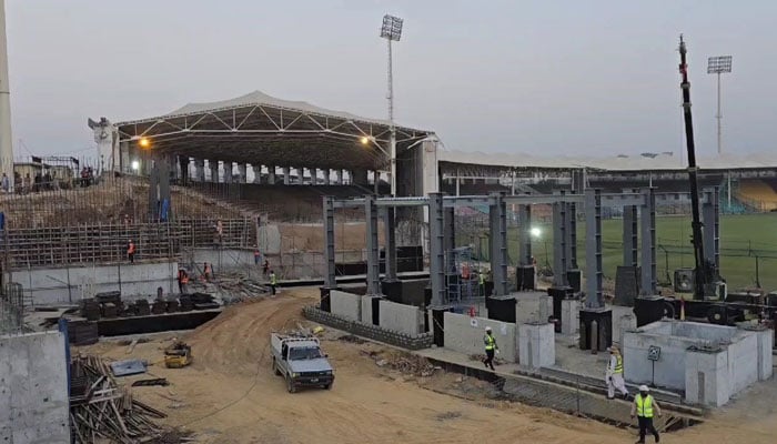 A general view of the construction work being carried out Karachis National Stadium. — Reporter