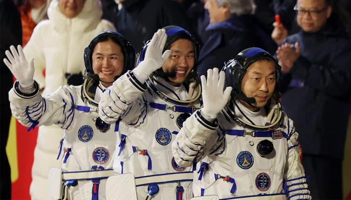 Astronauts Cai Yuzhe (right), Song Lingdong (centre) and Wang Haoze attend a see-off ceremony before taking part in the Shenzhou-19 spaceflight mission to Chinas Tiangong space station, at Jiuquan Satellite Launch Center, near Jiuquan, Gansu province, China on October 30, 2024. — Reuters