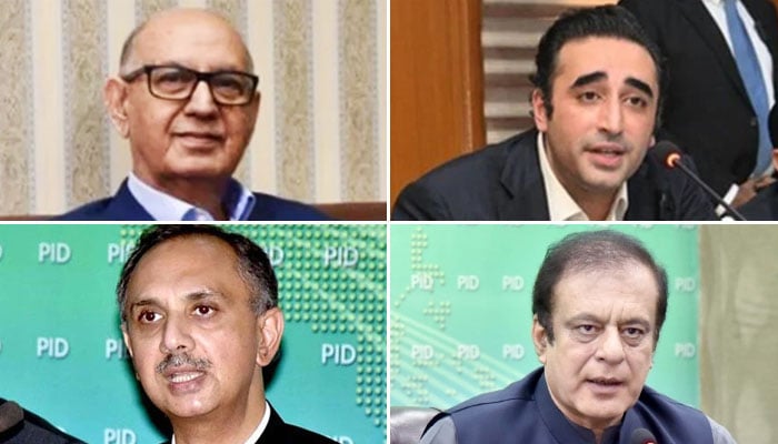 (Clockwise from top left): PML-N Senator Irfan Siddiqui, PPP Chairman Bilawal Bhutto-Zardari, PTI leader Omar Ayub and PTI Senator Shibli Faraz. — X/Facebook/@GovtofPakistan/@SyedShibliFaraz/@IrfanUHSiddiqui/@Bilawalhouse/File