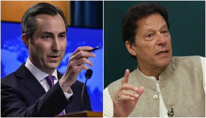 State Dept spokesperson Matthew Miller (left) and PTI founder Imran Khan. — Anadolu Agency/Reuters/File