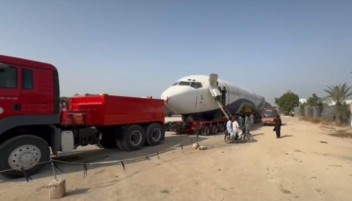 Fuselage of the private plane being readied for transportation to Hyderabad from Karachi on October 24, 2024. —Screengrab/ Reporter