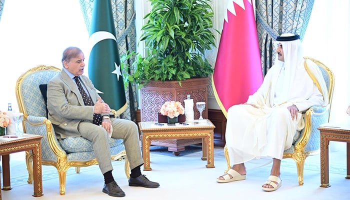 PM Shehbaz Sharif meets Qatar Emir Sheikh Tamim bin Hamad Al Thani in Doha on October 31, 2024. — PID