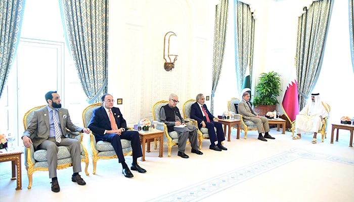 PM Shehbaz Sharif and Qatar Emir Sheikh Tamim bin Hamad Al Thani hold delegation level talks in Doha on October 31, 2024. — PID