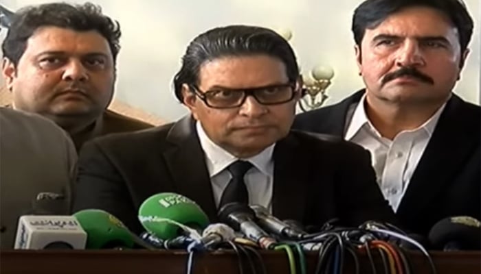 PTI Secretary General Salman Akram Raja addresses the press conference in Lahore on October 31, 2024. — Screengrab via Geo News