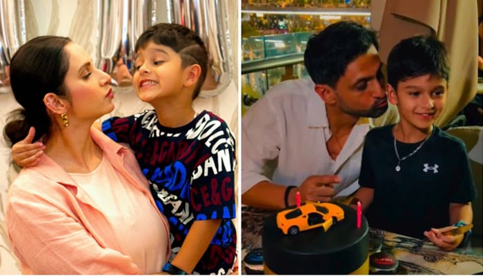 A combo of Sania Mirza with her son Izhaan Mirza Malik celebrating his sixth birthday (L) and Izhaan with his father Shoaib Malik. — Instagram/@saniamirza/@shoaibmalik/file