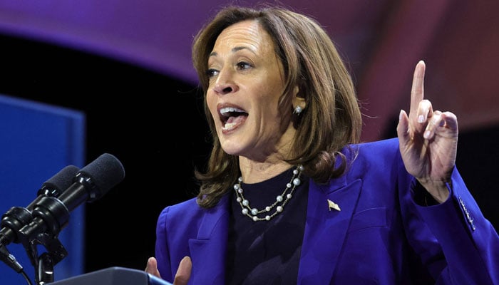 Democratic presidential candidate and US Vice President Kamala Harris speaks during a campaign rally when we vote we win at Craig Ranch Amphitheater on October 31, 2024 - AFP