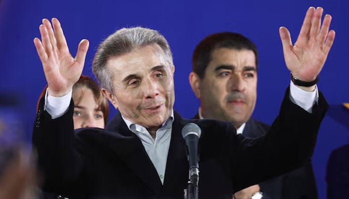 Founder of the Georgian Dream party Bidzina Ivanishvili speaks after the announcement of exit poll results in parliamentary elections, at the Georgian Dream party headquarters in Tbilisi, Georgia October 26, 2024 — Reuters