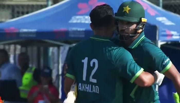 Faheem Ashraf hugs Akhlaq after hitting a winning shot against India - YouTube/Geo News/screenshot