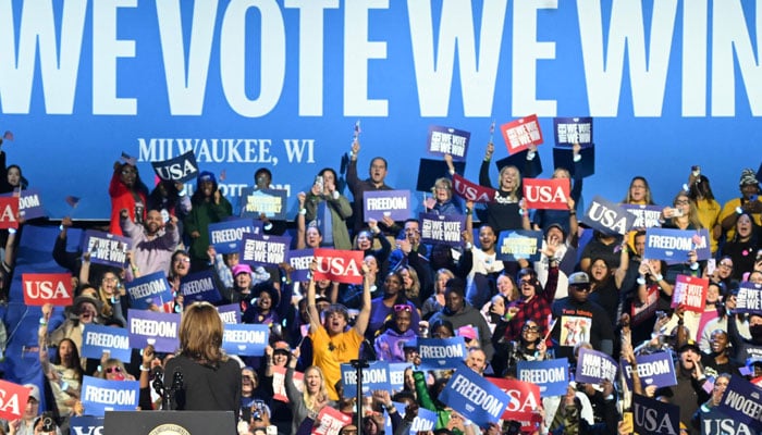 US Vice President and Democratic presidential candidate Kamala Harris speaks during a When We Vote We Win rally at the Wisconsin, November 1, 2024 — AFP