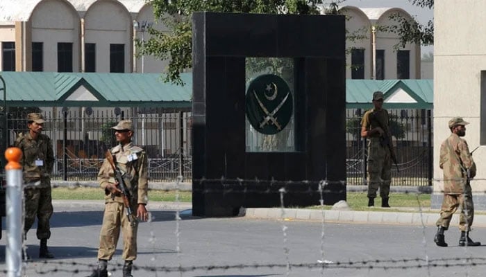 An undated image of Pakistan Armys General Headquarters entrance in Rawalpindi — AFP/File