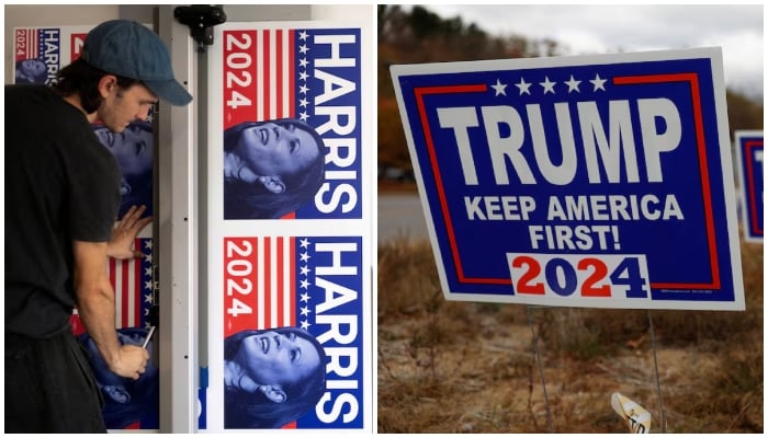 A combination of images showing yard signs for the presidential campaigns of US Vice President and Democratic presidential nominee Kamala Harris and ex-US president and Republican  presidential nominee Donald Trump. — Reuters/Files