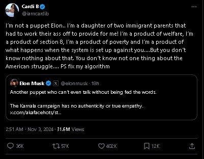 Card B fights back after Elon Musks puppet comment