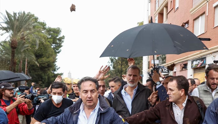 People throw mud at King Felipe, Paiporta, Spain, November 3, 2024. — Reuters