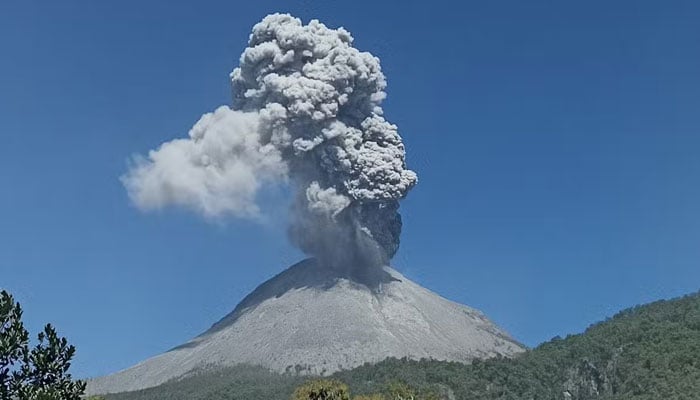 Mount Ljutopi Laki Laki spews volcanic ash during an eruption as seen from Buru village in East Flores, East Nusa Tenggara, on July 14, 2024. — Reuters