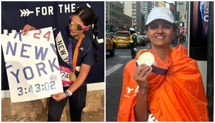 A combination of images shows Norwegian-Pakistani Khoula Ahmed (left) and Karachi-based runner Kaukab Sarwar with their medals after the New York City Marathon in New York, US, on November 3, 2024. — Supplied