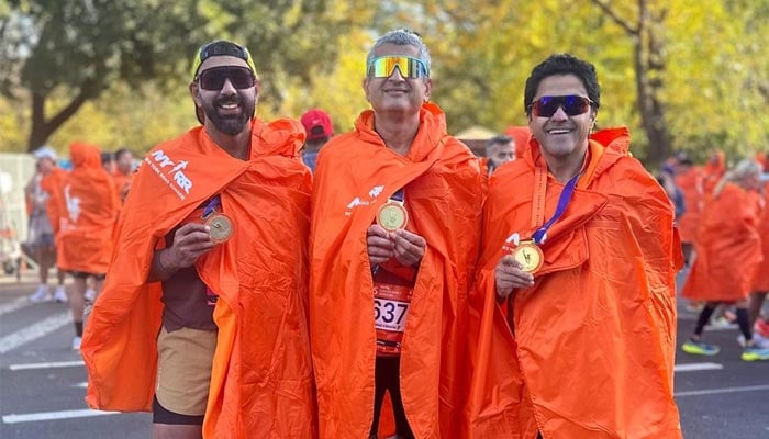 Pakistani-American runners Yawar Siddiqui (left), Fasih Ul Saleh (centre) and Dr Salman Khan pose with their medals after the New York City Marathon in New York, US, on November 3, 2024. — Supplied