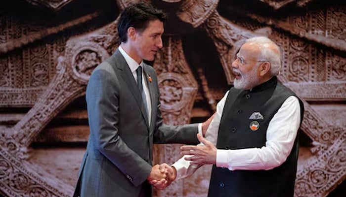 Indian Prime Minister Narendra Modi welcomes Canada Prime Minister Justin Trudeau upon his arrival at Bharat Mandapam convention center for the G20 Summit, in New Delhi, India, Saturday, Sept. 9, 2023. — Reuters