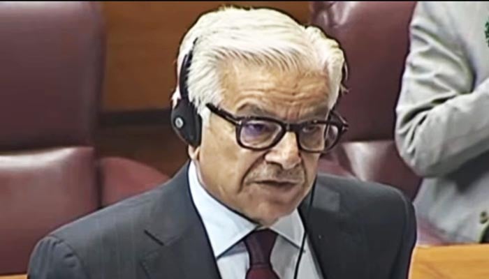 Minister for Defence Khawaja Muhammad Asif addresses the floor of National Assembly in Islamabad, November 4, 2024. — Screengrab via YouTube/Geo News