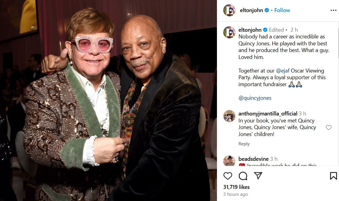 Elton John pays tribute to incredible Quincy Jones