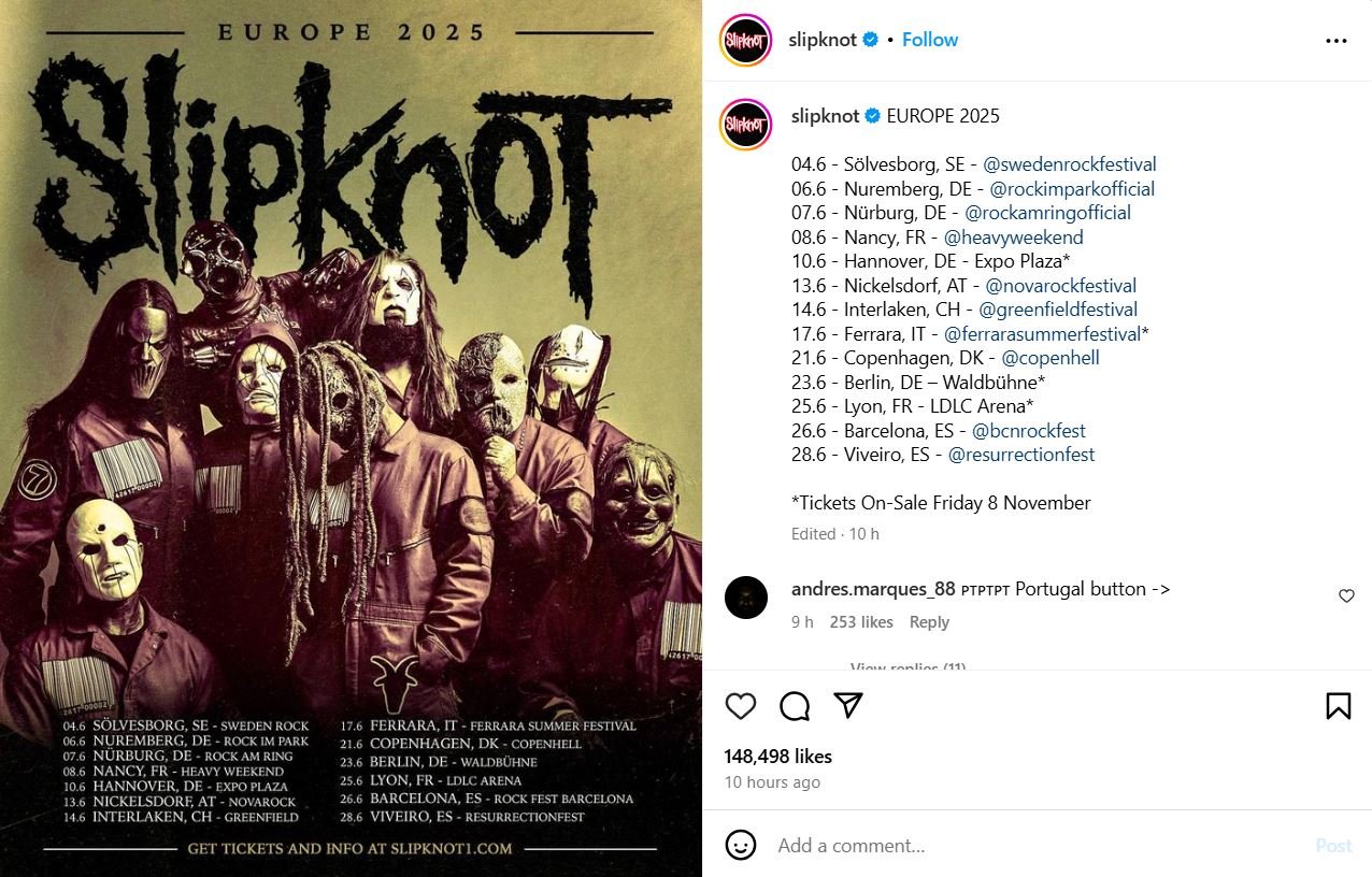 Slipknot unveil upcoming European tour plans for 2025