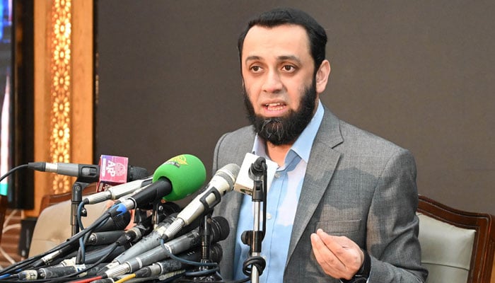 Federal Minister for Information Attaullah Tarar addressing a press conference in Lahore on October 5, 2024. — APP