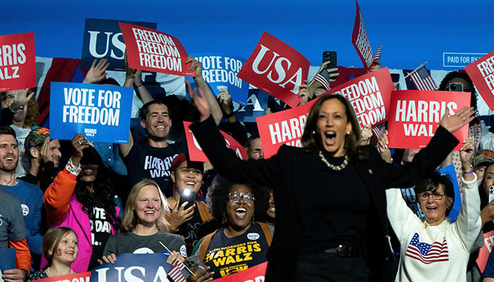 Kamala Harris reacts on stage during a campaign rally at Carrie Blast Furnaces National Historic Landmark, in Pittsburgh, Pennsylvania, US, November 4, 2024. — Reuters