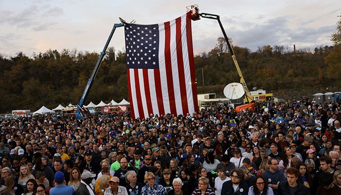 Supporters await Democratic presidential nominee US Vice President Kamala Harris during a campaign rally in Pittsburgh, Pennsylvania, US, November 4, 2024. — Reuters