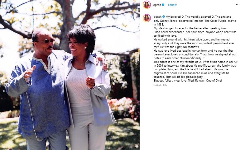 Oprah Winfrey reveals how late producer Quincy Jones changed her life