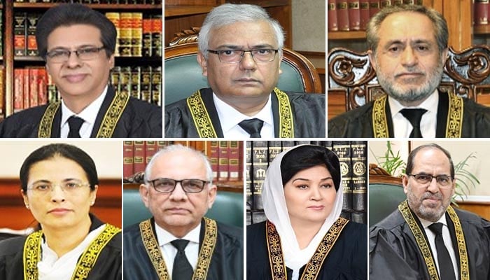 (From top left to bottom right) The collage shows Justice Muhammad Ali Mazhar, Justice Amin-ud-Din Khan, Justice Jamal Khan Mandokhail, Justice Ayesha A Malik, Justice Syed Hasan Azhar Rizvi, Justice Musarrat Hilali and Justice Naeem Afghan. — SC website